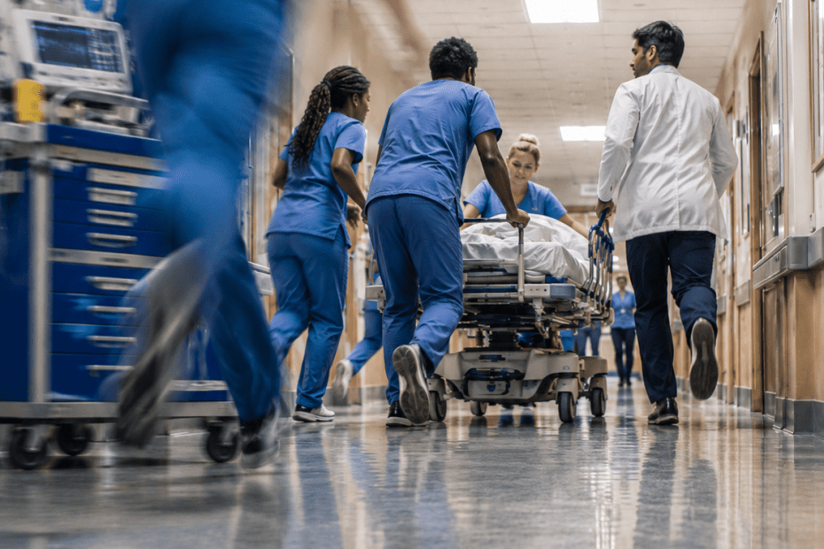 A dimly lit hospital corridor at 3 AM, lit by fluorescent overhead lights, with a crash cart partially visible in the middle distance.